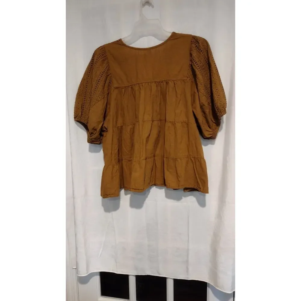 Old Navy XXL Brown Eyelet Peasant Top Puff Sleeves Boho Cottagecore Prairie